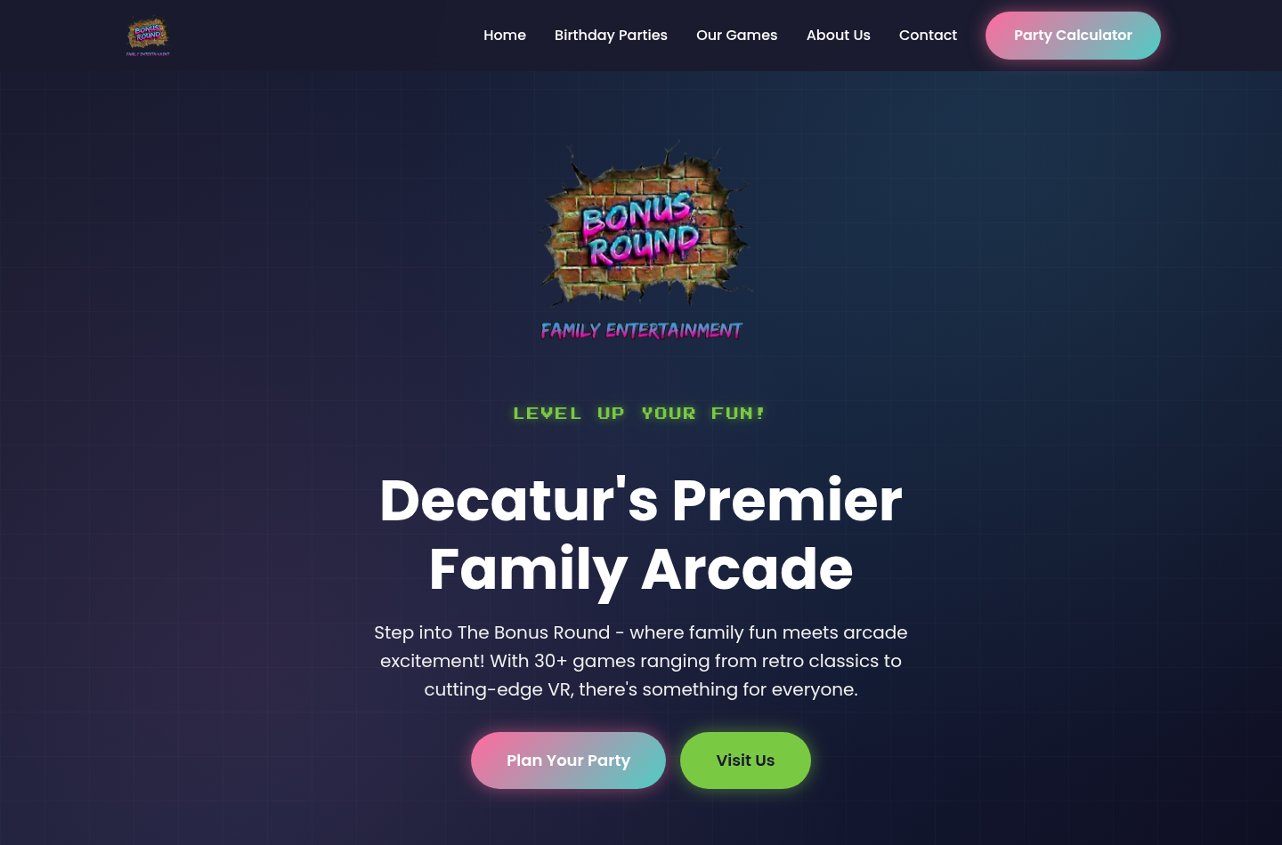 Bonus Round Arcade homepage: nav, logo, hero headline, and CTAs