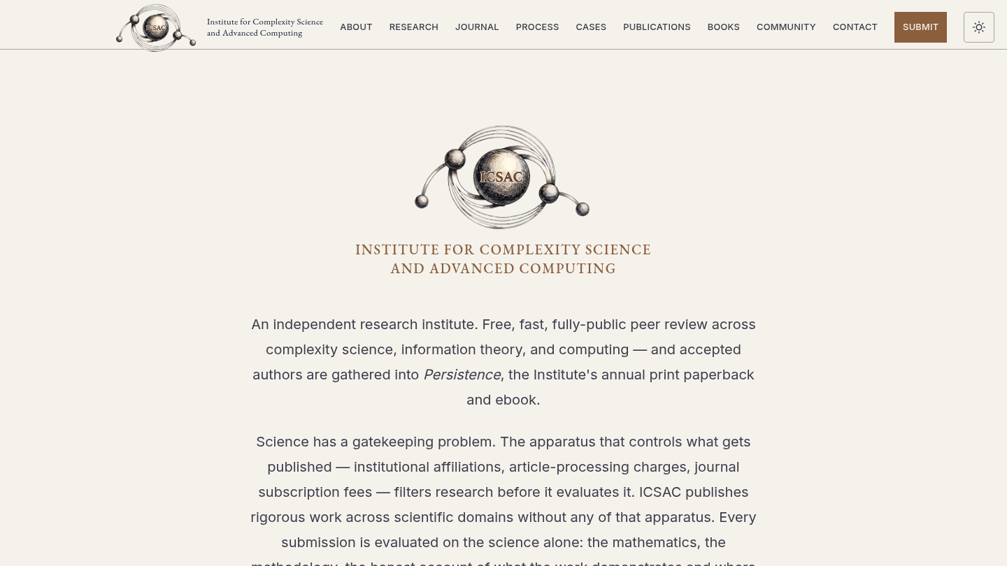 Independent academic publisher homepage: nav, brand mark, and editorial introduction